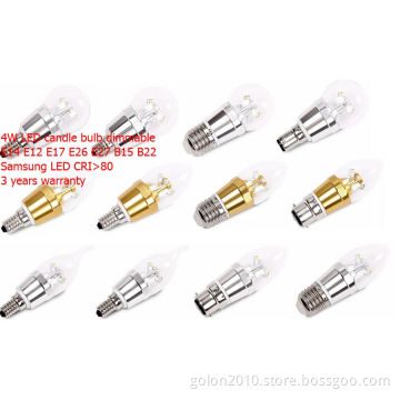 Dimmable 4W LED Candle Bulb 320lm Samsung LED Ra>85, E14 E12 E27 B15 200PCS/Lot LED Candle Bulb